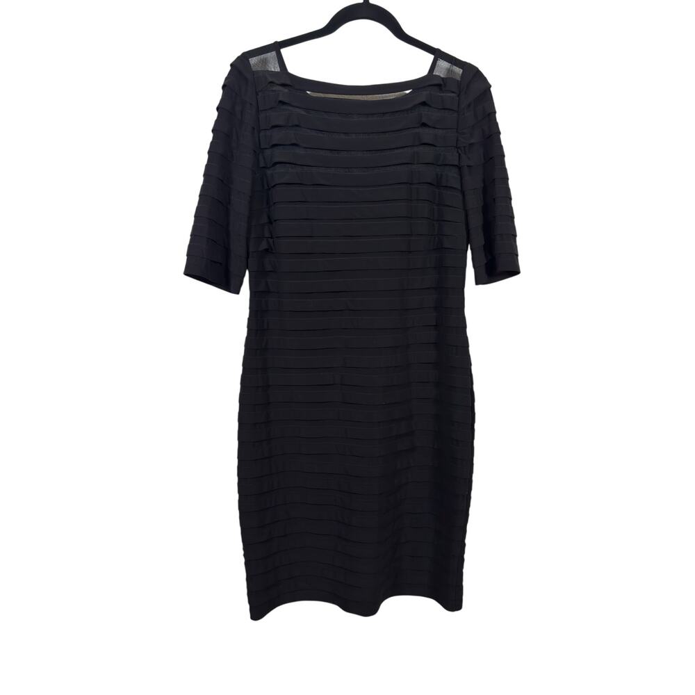 Adrianna Papell Dress Womens 14 Black Pleated Sheath Mesh Shoulder Knee Length